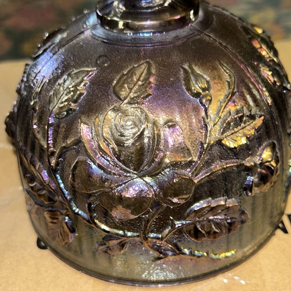 Imperial Glass Co. Lustre Rose Pattern Carnival Glass Round Butter Dish - Picture 10 of 10